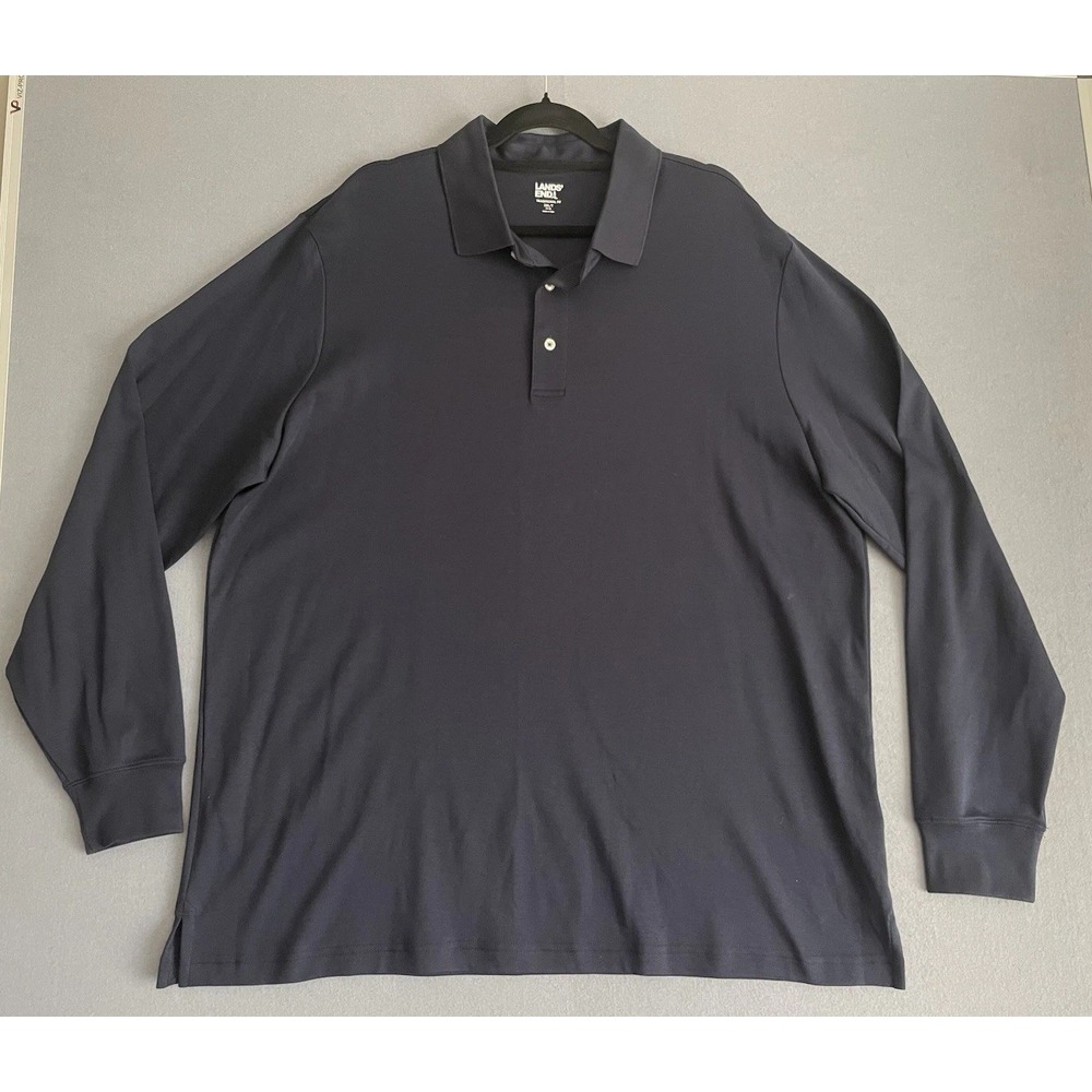 Lands' End Men 2XLT Traditional Fit Long Sleeve Polo Shirt Navy‎ Cotton Classic